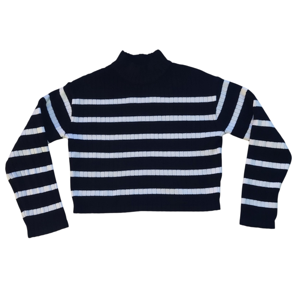 H&M Girls Cropped Striped Black and White Mock Neck Sweater
